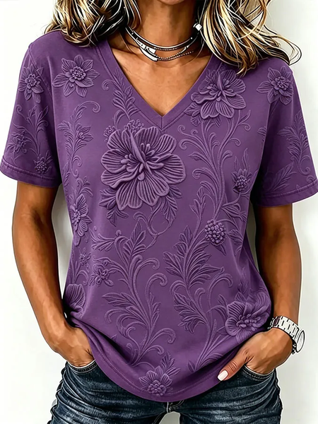 Women Floral Short Sleeve Tee T-shirt V Neck Printing Vintage Summer Top