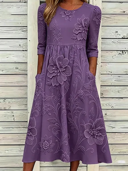 Women Floral Summer Printing Dress Crew Neck Half Sleeve H-Line Dress