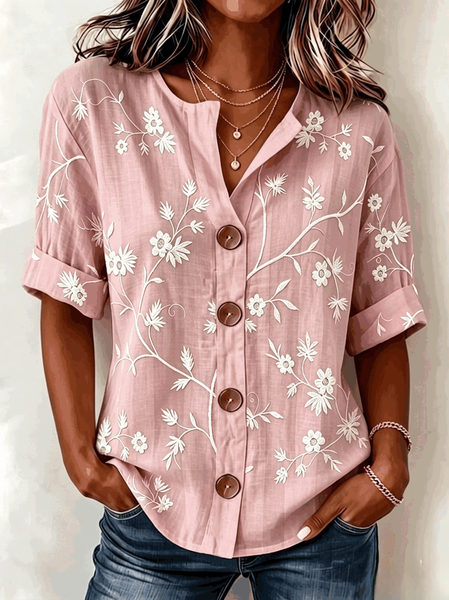

V Neck Three Quarter Sleeve Floral Regular Loose Shirt For Women, Light pink, Shirts