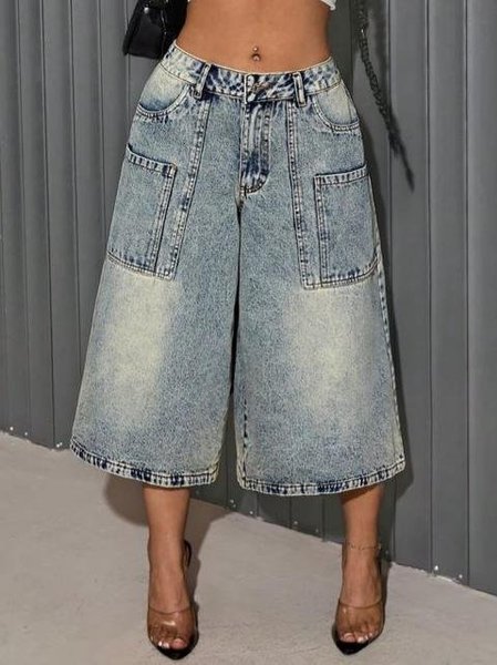 Plain Casual Distressing Denim Shorts