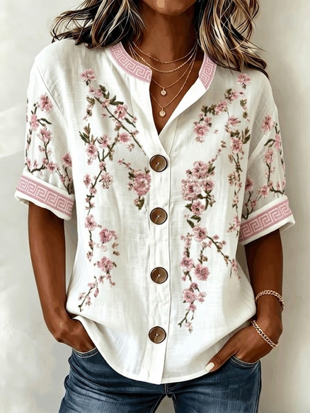 V Neck Three Quarter Sleeve Floral Regular Loose Shirt For Women