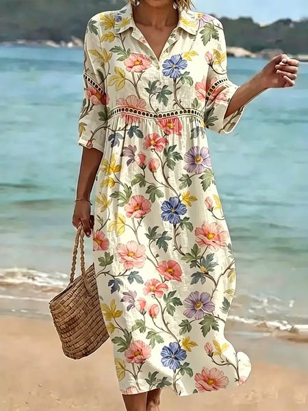 Women Striped Summer Dress Shirt Collar Half Sleeve Shirt Dress A-Line Dress
