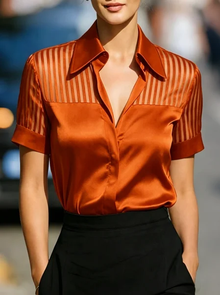 

Satin Urban Plain Split Joint Shirt, Orange, Blouses and Shirts