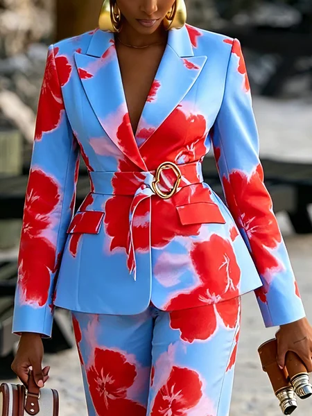 Elegant Printing Floral Lapel Collar Blazer With Belt