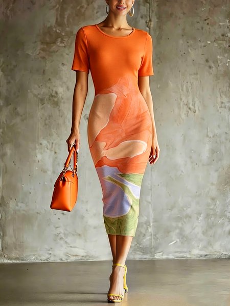 Urban Geometric Color Block Floral Buttoned Midi Dress