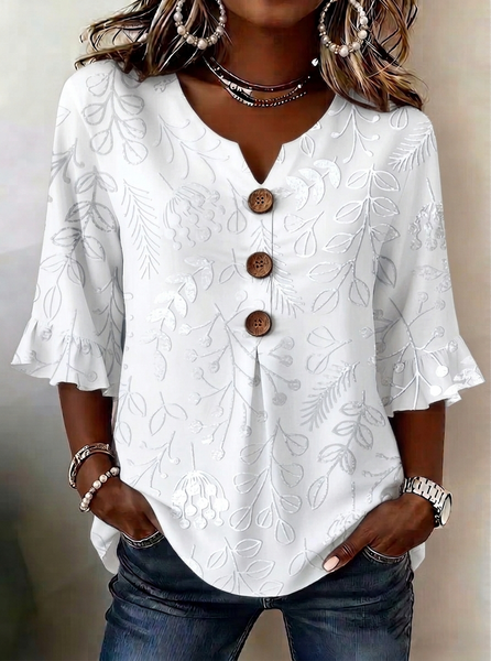 

V Neck Half Sleeve Floral Printing Regular Micro-Elasticity Regular Fit Blouse For Women, White, Blouses
