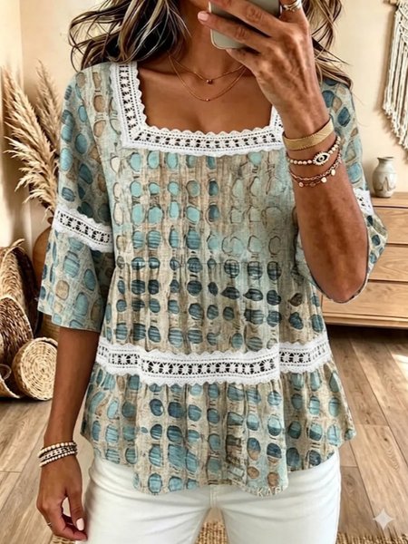 Square Neck Half Sleeve Striped Regular Micro-Elasticity Loose Blouse For Women