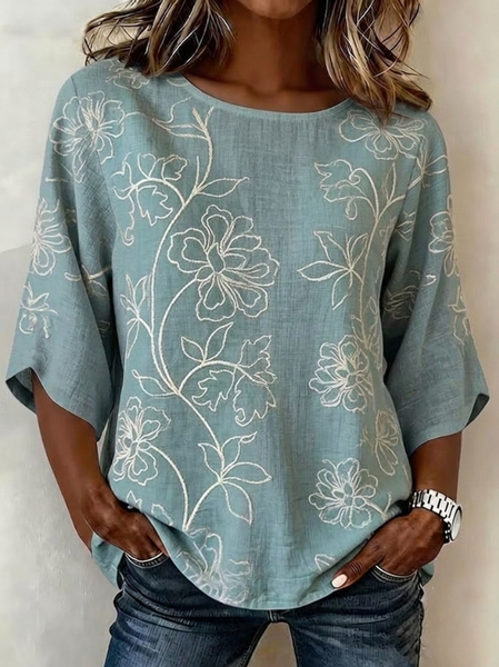 Crew Neck Half Sleeve 3D Printing Lightweight Loose Shirt For Women