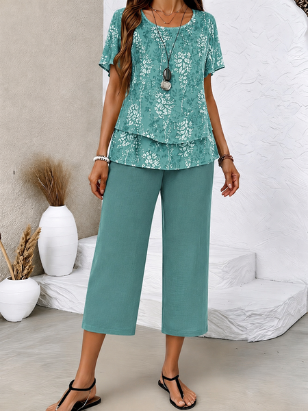 Women Floral Two-Piece Set Daily Short Sleeve Casual Summer Top With Skirt Matching Set