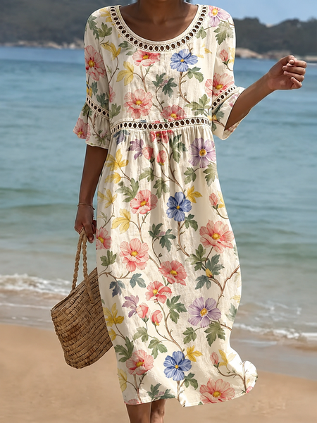 Women Striped Summer Dress Crew Neck Half Sleeve Classic A-Line Dress