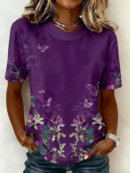 Casual Floral Crew Neck Short Sleeve T-shirt