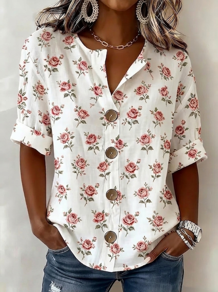 Noracora – Stand Collar Long Sleeve Floral Regular Loose Shirt For Women