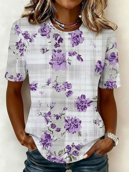 

Casual Floral Crew Neck Short Sleeve T-shirt, As picture, T-shirts