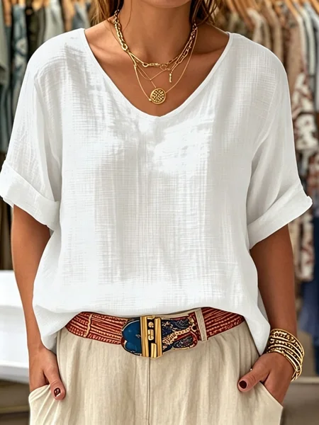 Crew Neck Short Sleeve Plain Regular Loose Tunic Blouse For Women