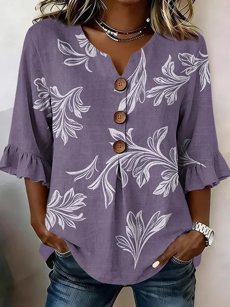 

V Neck Half Sleeve Floral Printing Regular Micro-Elasticity Regular Fit Blouse For Women, Purple, Blouses