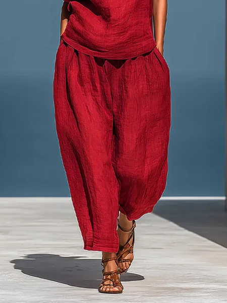 Plus Size Linen Casual Plain Distressing Baggy Pants