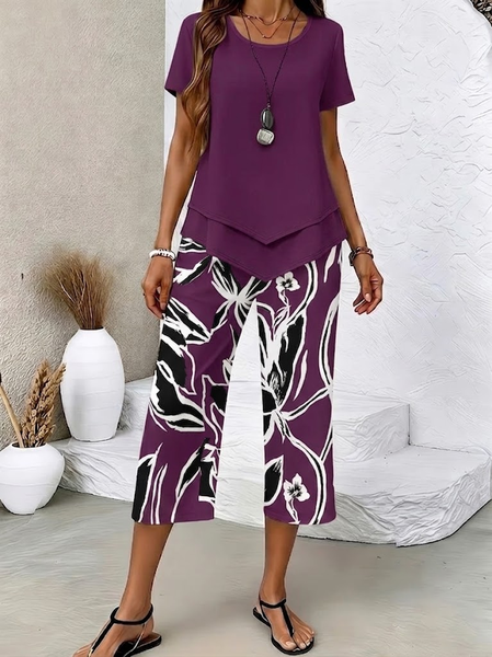 

Women Abstract Printing Two-Piece Set Daily Short Sleeve Casual Summer Top With Pants Matching Set, Purple, Sets