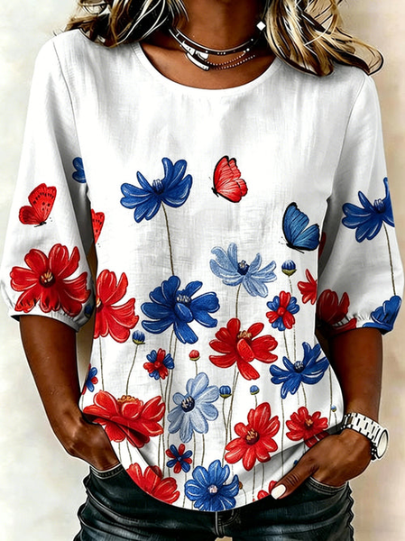 

Crew Neck Half Sleeve Floral Printing Regular Micro-Elasticity Regular Fit Blouse For Women, White, Blouses