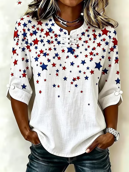Mandarin Collar Half Sleeve Star Printing Regular Micro-Elasticity Regular Fit Blouse For Women