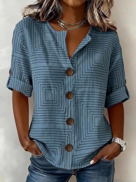 Stand Collar Long Sleeve Geometric Regular Loose Shirt For Women