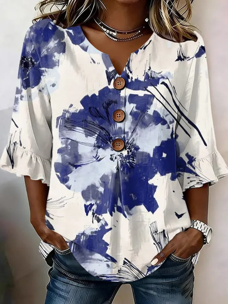 

Women Floral V Neck Half Sleeve Blouse Printing Vintage Daily Summer Top, Blue, Blouses