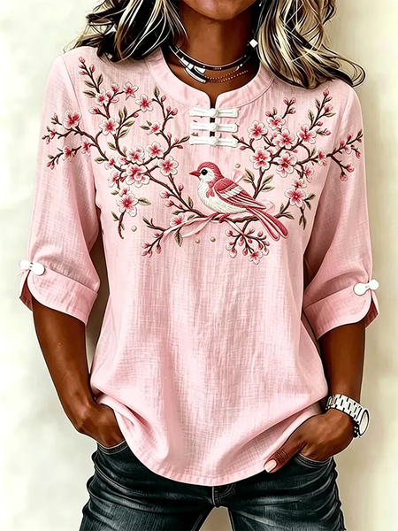 Mandarin Collar Half Sleeve Floral Printing Regular Micro-Elasticity Regular Fit Blouse For Women