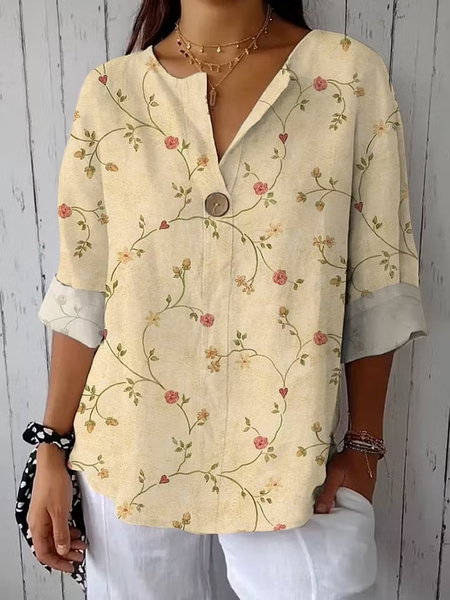 V Neck Half Sleeve Floral Regular Loose Shirt For Women