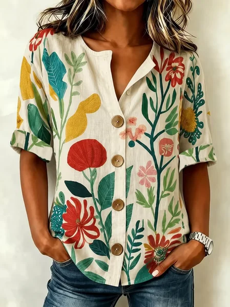 Noracora – Stand Collar Three Quarter Sleeve Floral Regular Loose Shirt For Women