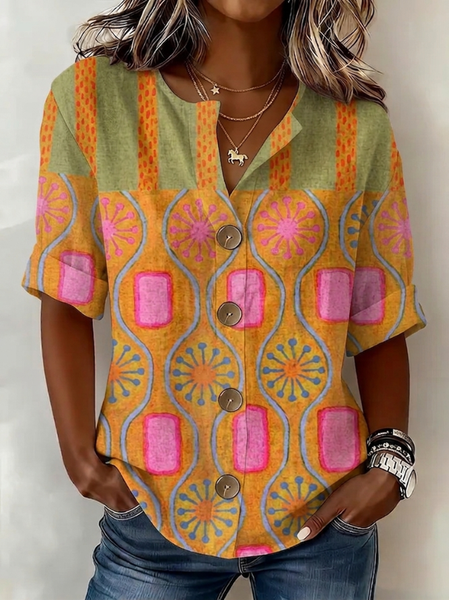 Stand Collar Long Sleeve Abstract Graphic Regular Loose Shirt For Women