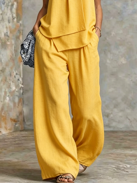 Cotton And Linen Casual Plain Wide Leg Pants