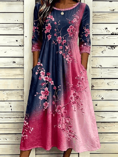 Women Floral Summer Dress Crew Neck Half Sleeve A-Line Dress