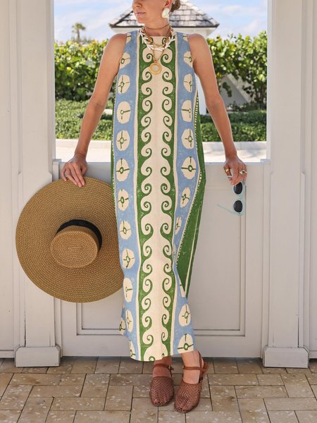 Vacation Ethnic Printing Crew Neck Maxi Dress