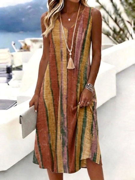 Women Striped Summer Dress V Neck Sleeveless Tank A-Line Dress