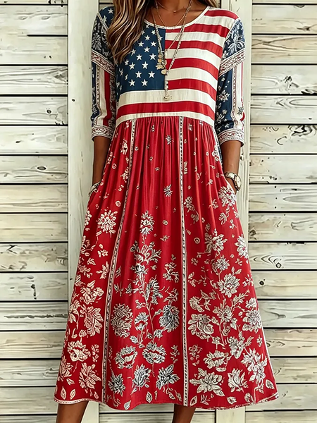 Women Floral Summer Dress Crew Neck Half Sleeve A-Line Dress