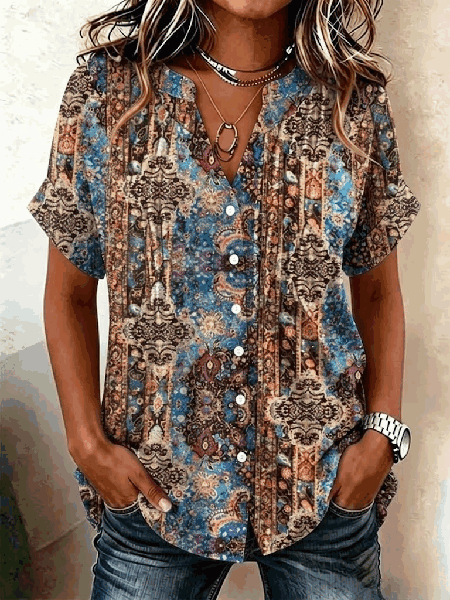 V Neck Short Sleeve Paisley Regular Loose Shirt For Women