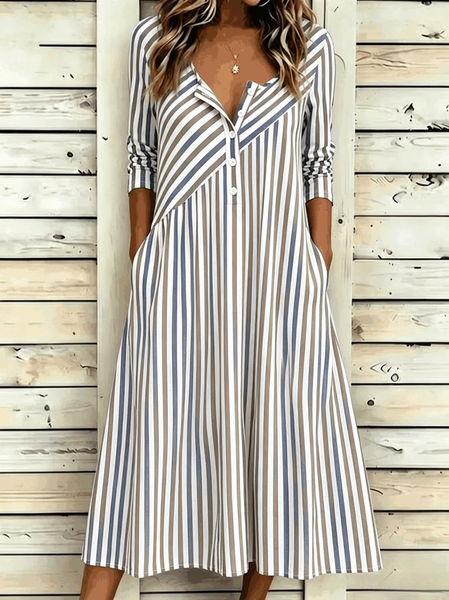 Women Striped Summer Dress V Neck Half Sleeve A-Line Dress