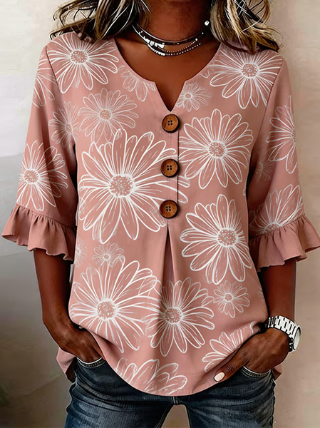 V Neck Half Sleeve Floral Regular Regular Fit Blouse For Women