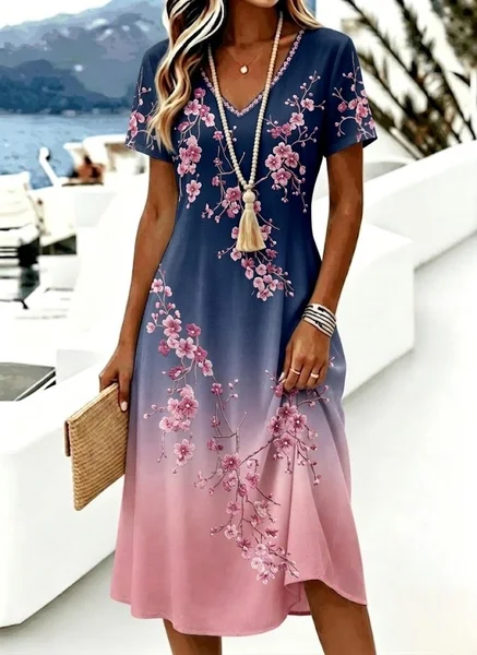 Women Floral Summer Dress V Neck Short Sleeve A-Line Dress