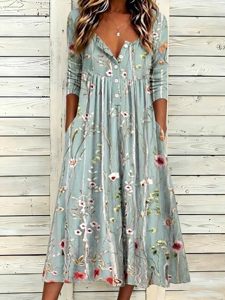 Women Floral Summer Dress V Neck Half Sleeve A-Line Dress