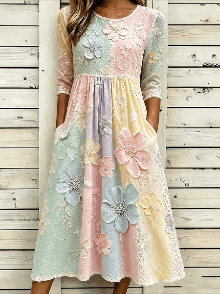 Women 3D Printing Summer Dress Crew Neck Half Sleeve A-Line Dress