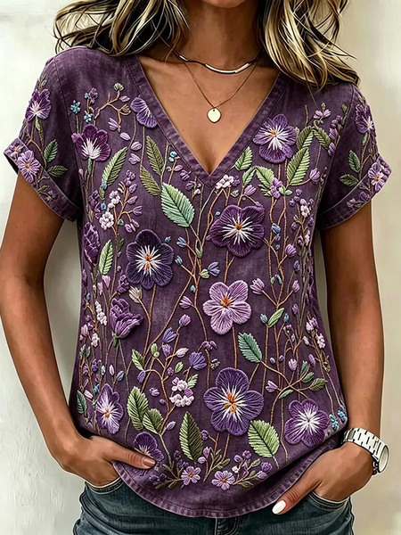 

Women Floral Short Sleeve Tee T-shirt V Neck Printing Vintage Summer Top, Purple, T-Shirts