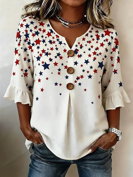V Neck Half Sleeve Independence Day (Flag) Printing Regular Micro-Elasticity Regular Fit Blouse For Women