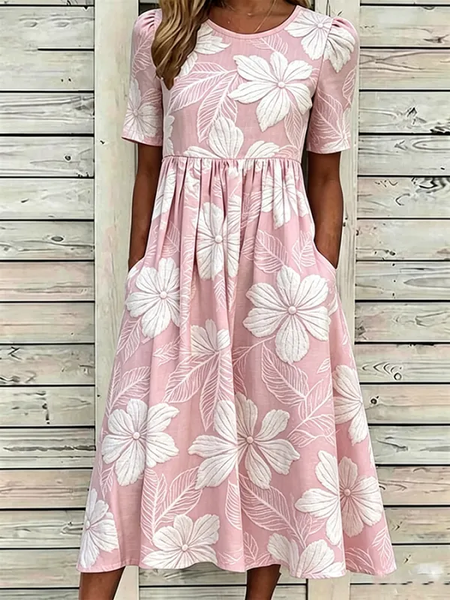 Women Floral Summer Dress Crew Neck Half Sleeve A-Line Dress