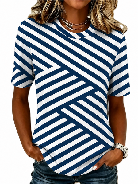Vintage Striped Crew Neck Short Sleeve T-shirt