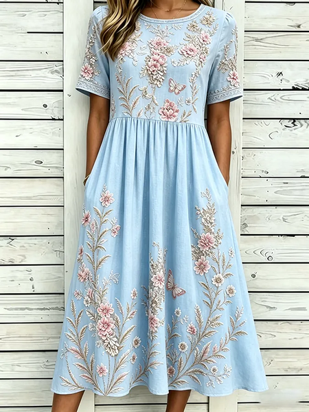 

Women Floral Summer Dress Crew Neck Half Sleeve A-Line Dress, Blue, Dresses