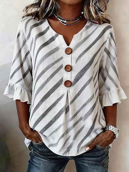 V Neck Half Sleeve Striped Printing Regular Micro-Elasticity Regular Fit Blouse For Women