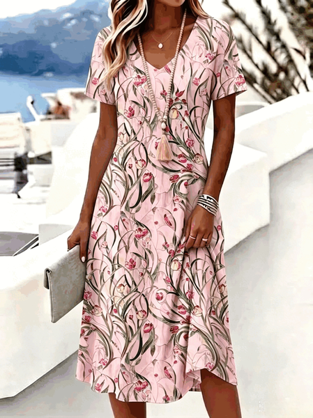 Women Floral Summer Dress V Neck Short Sleeve A-Line Dress