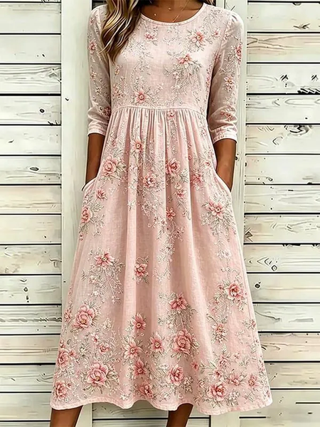 

Women Floral Summer Dress Crew Neck Half Sleeve A-Line Dress, Pink, Dresses