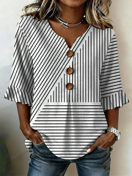 

Women Striped V Neck Half Sleeve Blouse Printing Vintage Daily Summer Top, White, Blouses