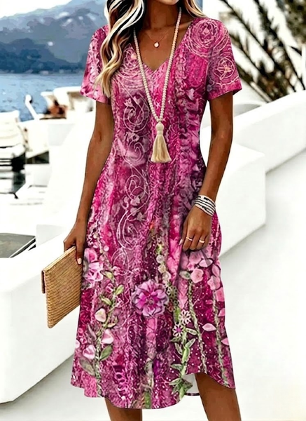 

Women Floral Summer Dress V Neck Short Sleeve A-Line Dress, Pink, Dresses